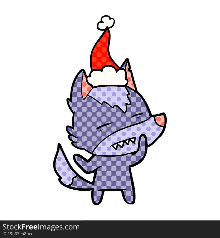 comic book style illustration of a wolf showing teeth wearing santa hat