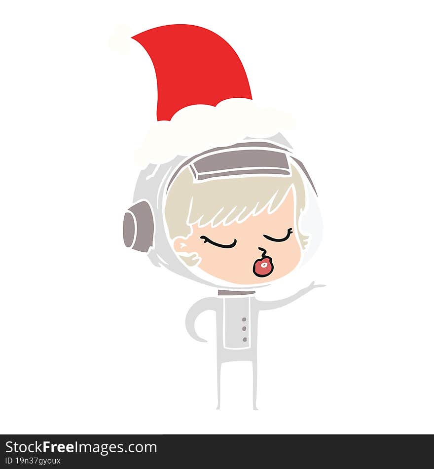 hand drawn flat color illustration of a pretty astronaut girl wearing santa hat