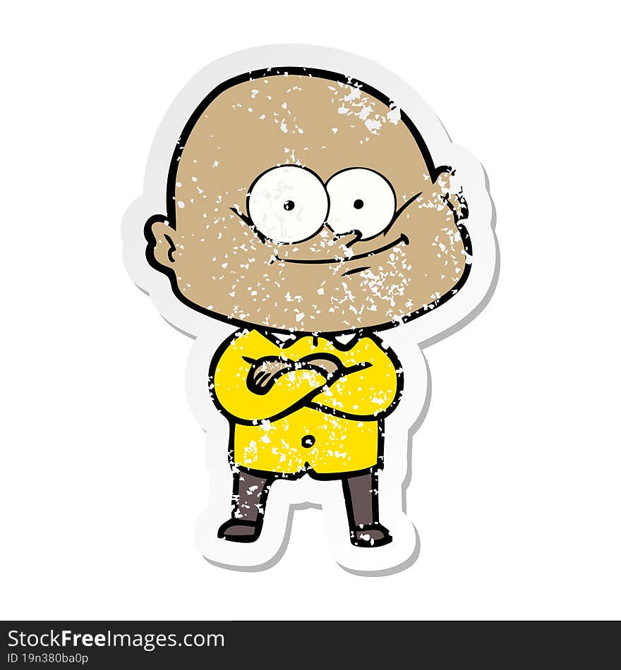 distressed sticker of a cartoon bald man staring