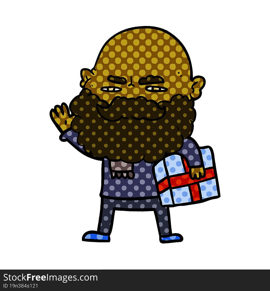 cartoon man with beard frowning with xmas gift. cartoon man with beard frowning with xmas gift