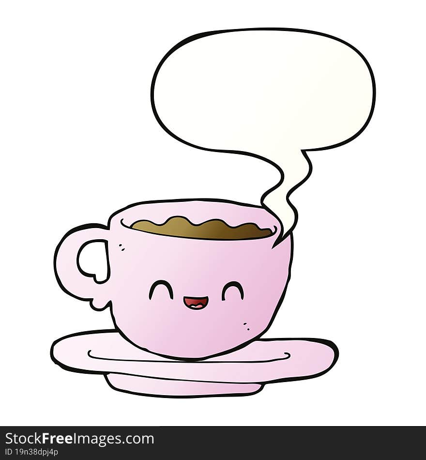 cartoon hot cup of coffee and speech bubble in smooth gradient style