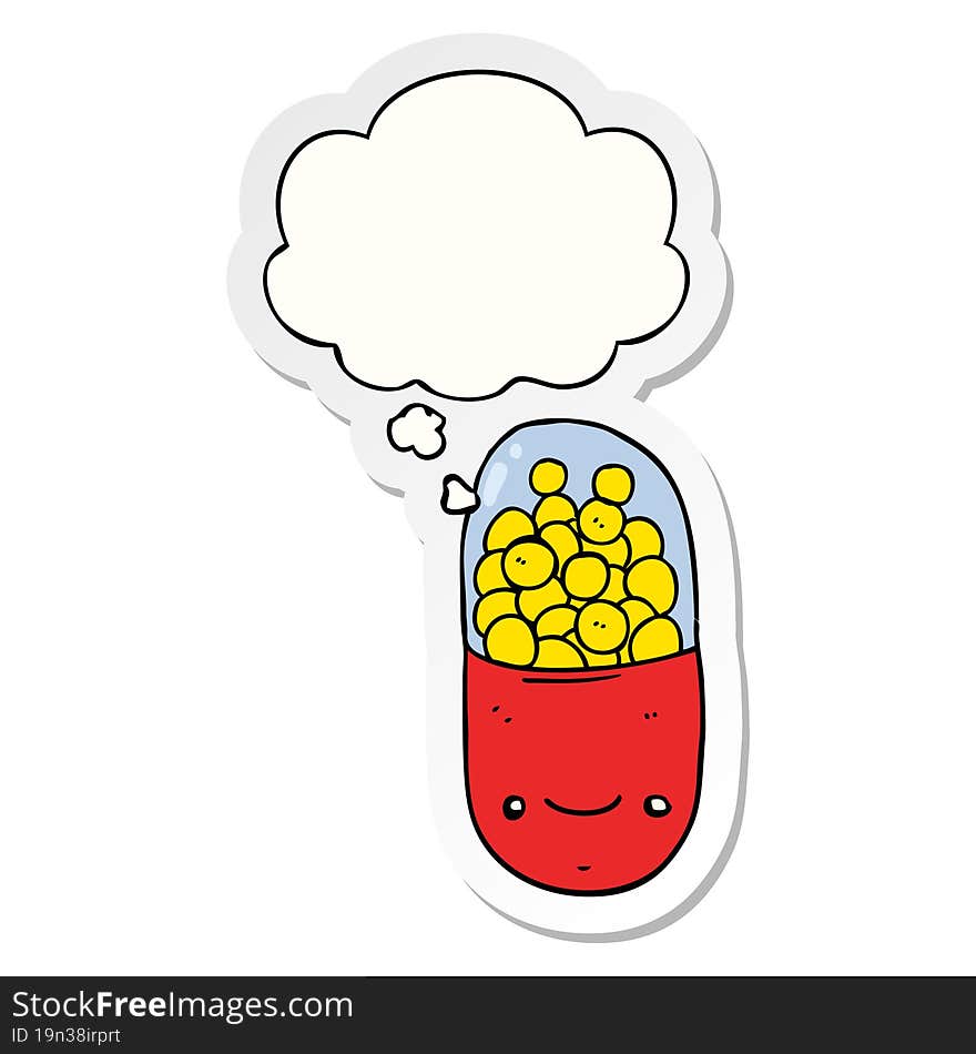 cartoon pill and thought bubble as a printed sticker