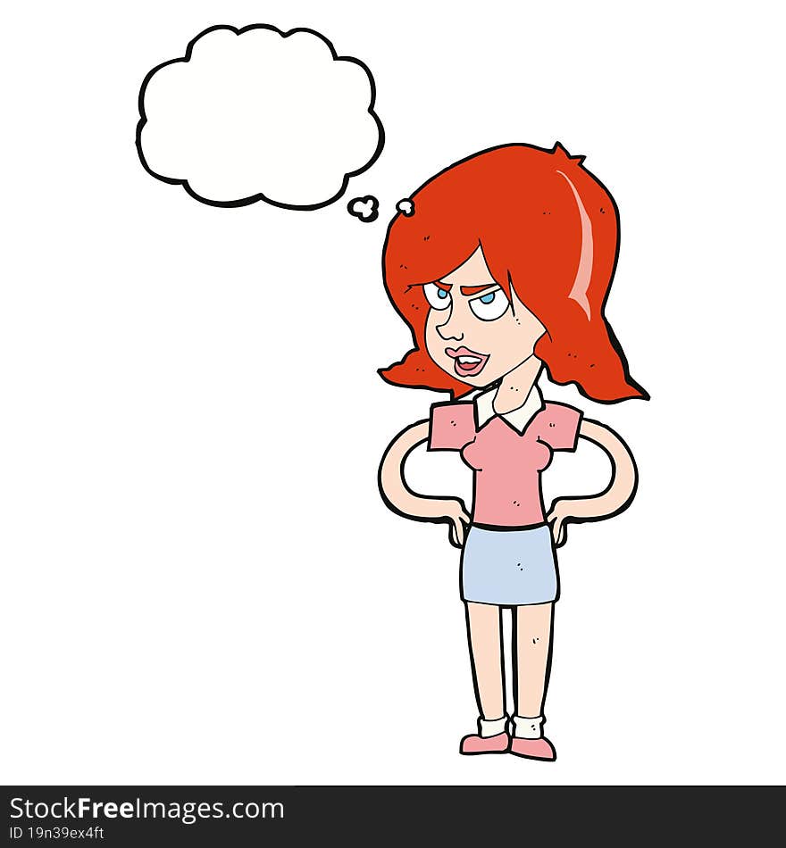 Cartoon Annoyed Woman With Hands On Hips With Thought Bubble