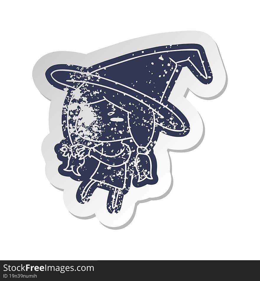 distressed old cartoon sticker of a cute witch kawaii girl