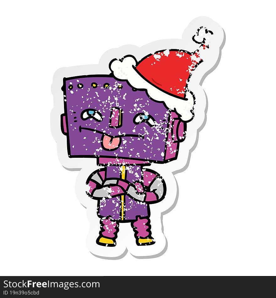 distressed sticker cartoon of a robot wearing santa hat