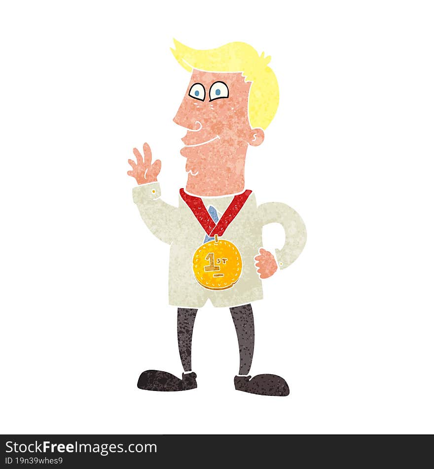 retro cartoon waving man with award