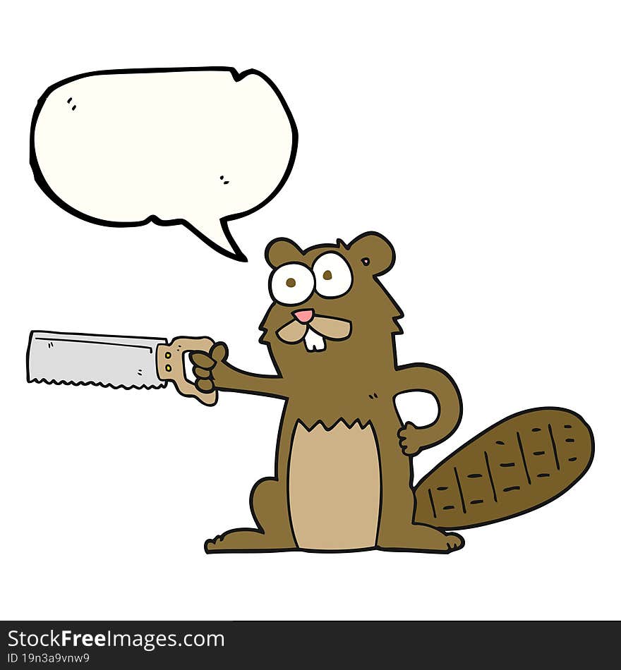 freehand drawn speech bubble cartoon beaver with saw