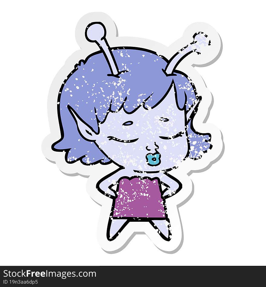 distressed sticker of a cute alien girl cartoon