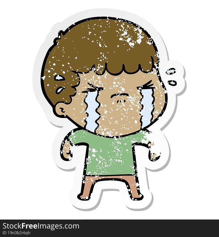 distressed sticker of a cartoon man crying