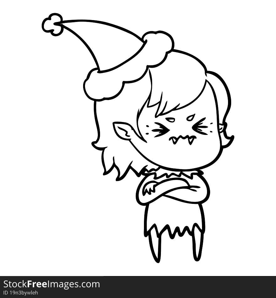 annoyed line drawing of a vampire girl wearing santa hat