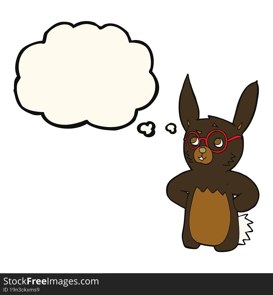 cartoon rabbit wearing spectacles with thought bubble