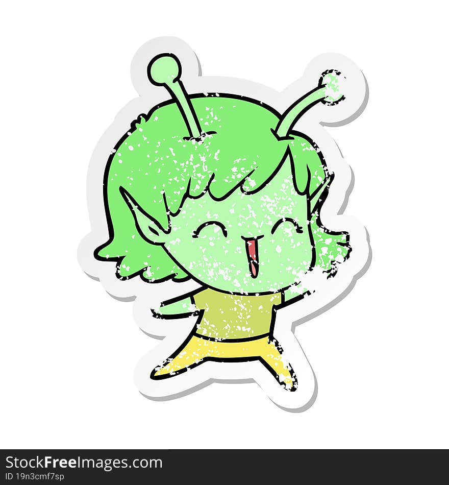 distressed sticker of a cartoon alien girl laughing