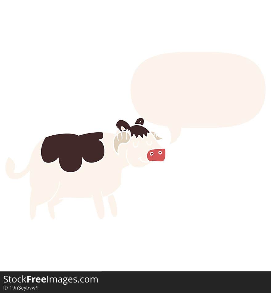 cartoon cow and speech bubble in retro style