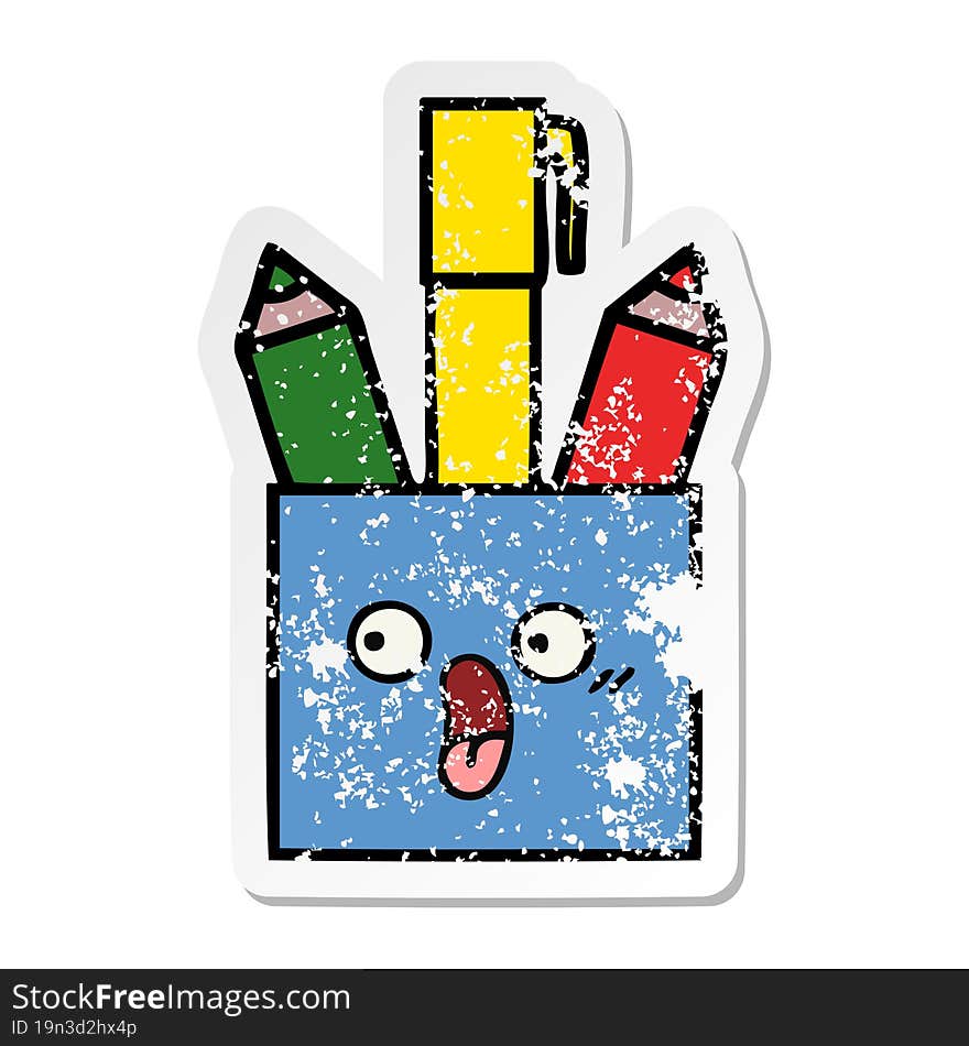 distressed sticker of a cute cartoon pencil pot