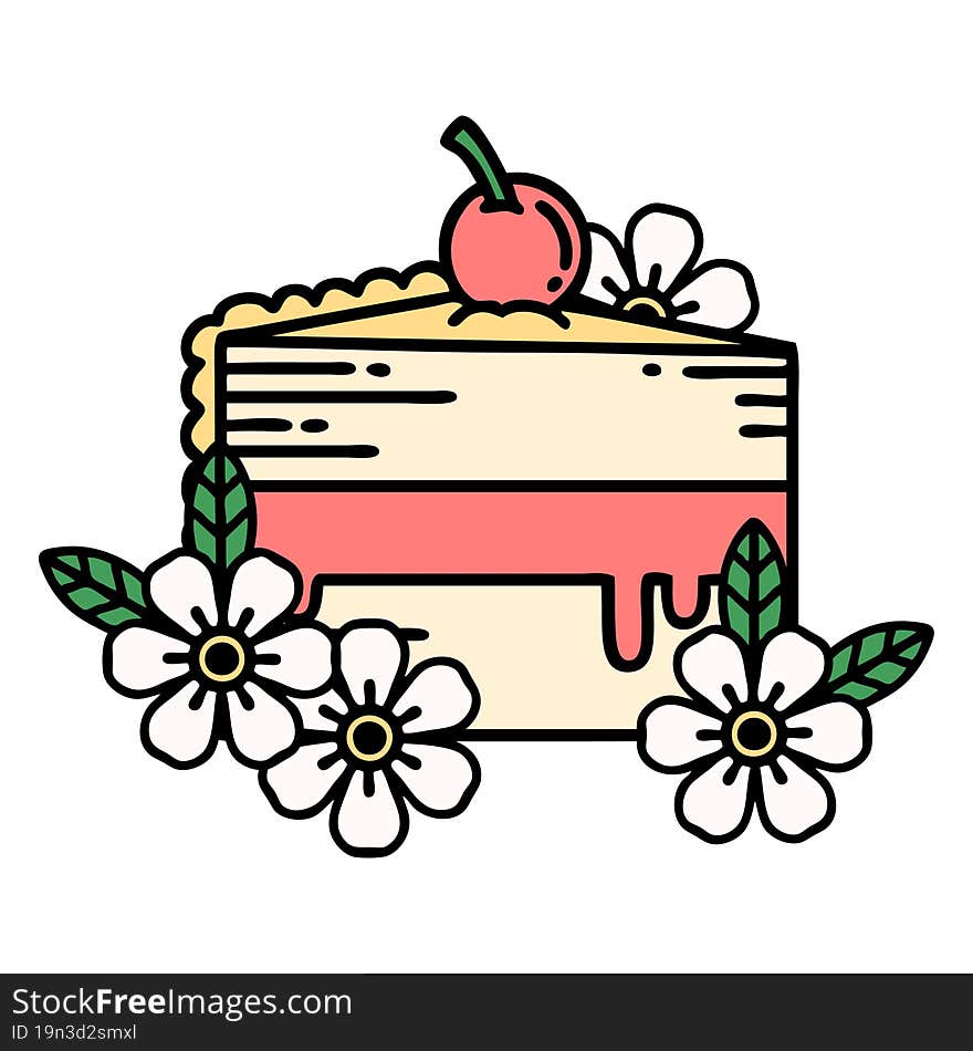 Traditional Tattoo Of A Slice Of Cake And Flowers