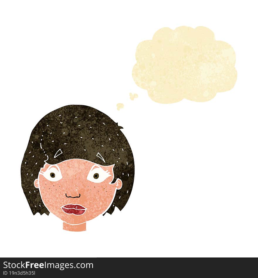 cartoon worried female face with thought bubble