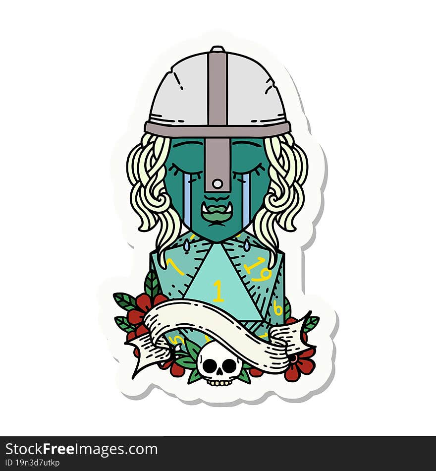 sticker of a crying orc fighter character face with natural one D20 roll. sticker of a crying orc fighter character face with natural one D20 roll