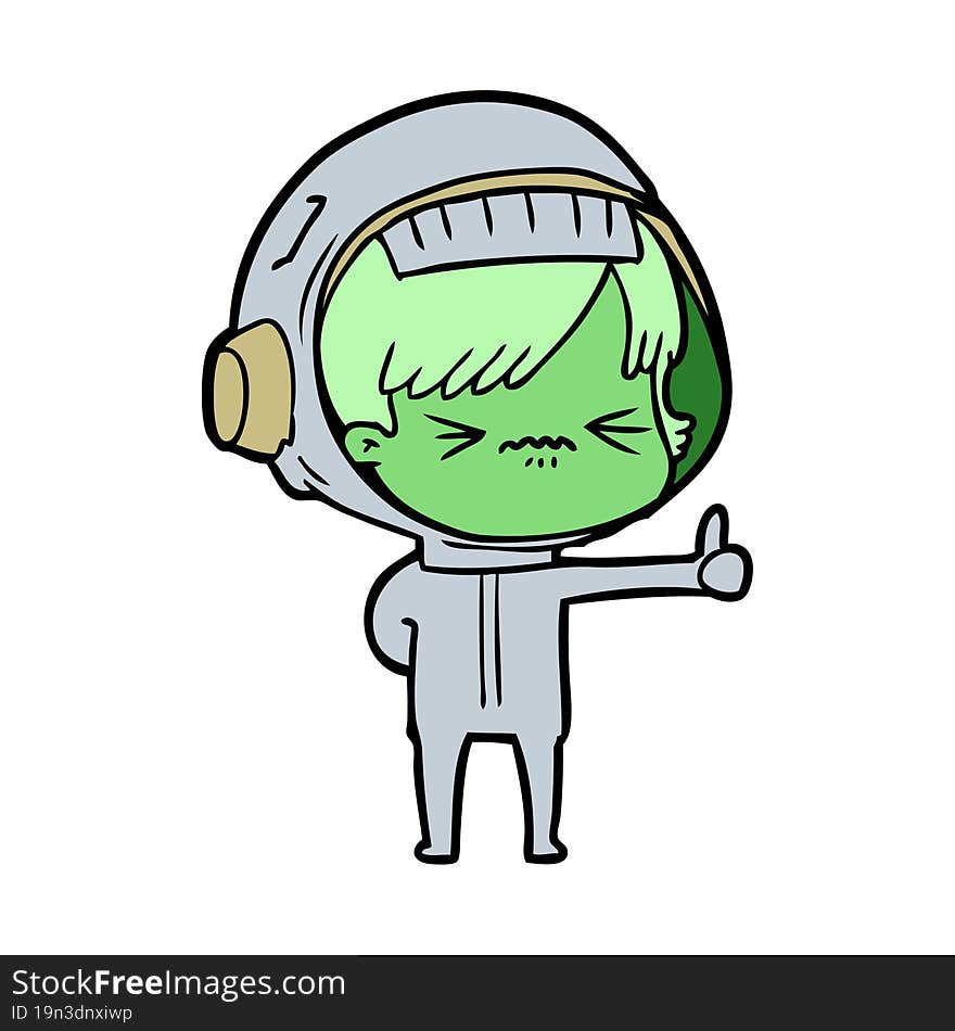 annoyed cartoon space girl giving thumbs up sign. annoyed cartoon space girl giving thumbs up sign