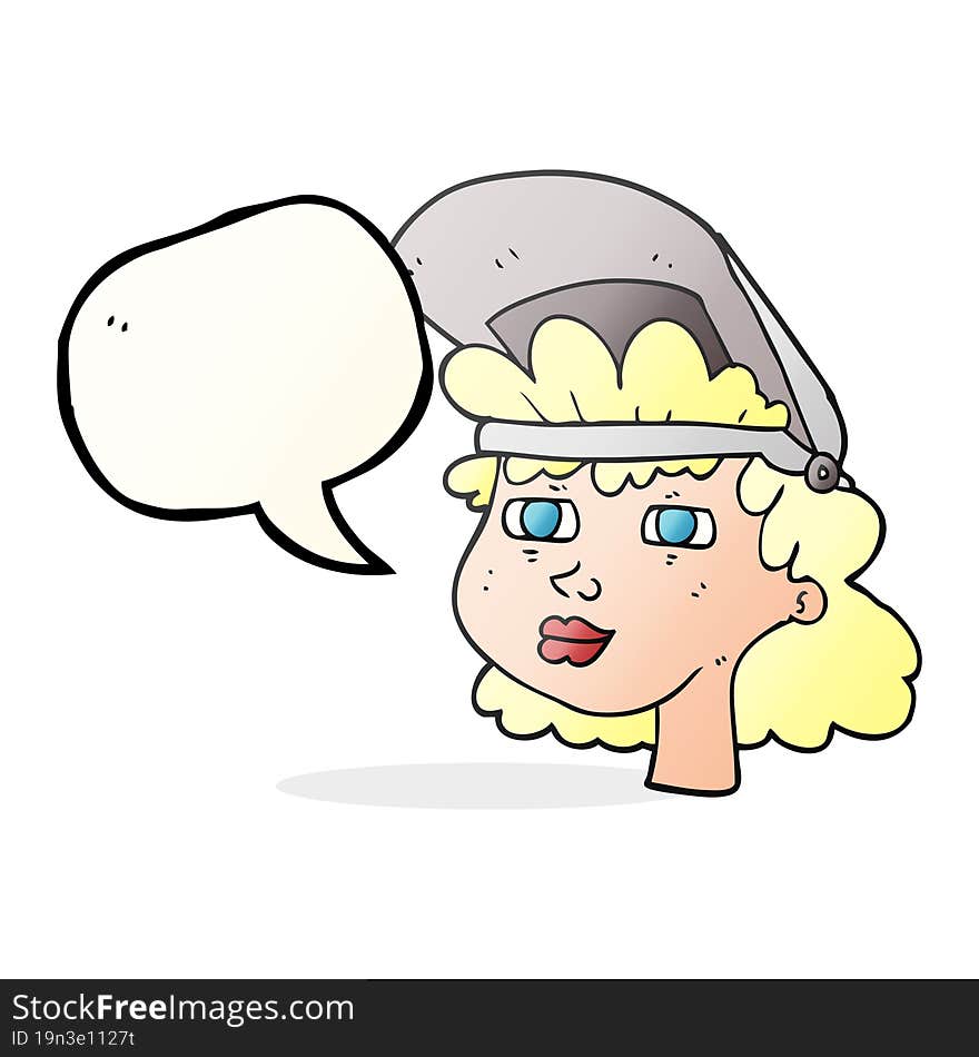 speech bubble cartoon woman with welding mask