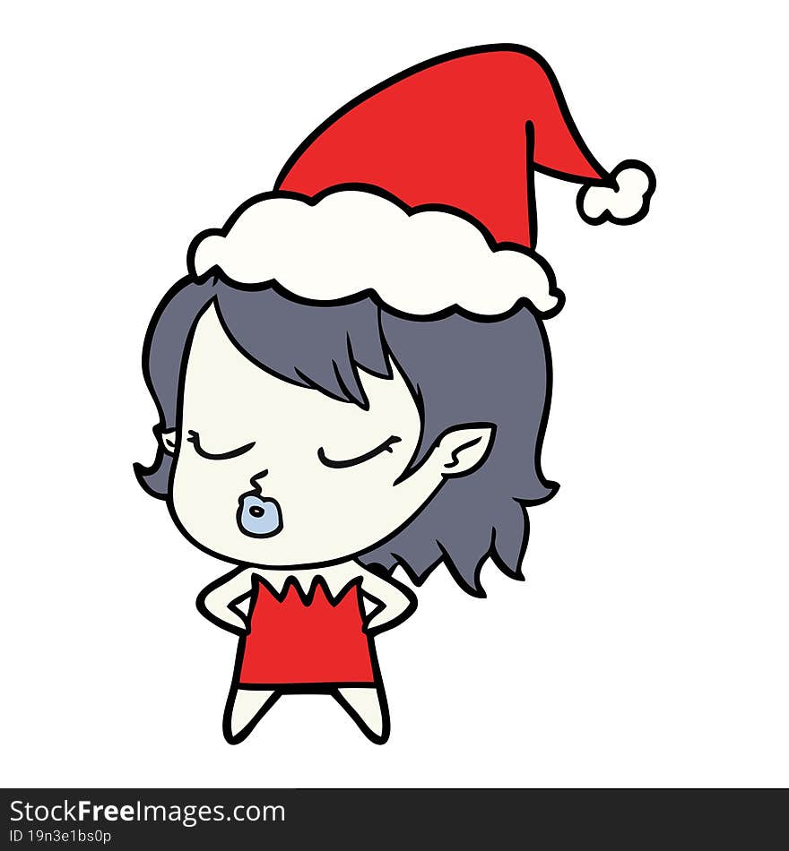 cute line drawing of a vampire girl wearing santa hat