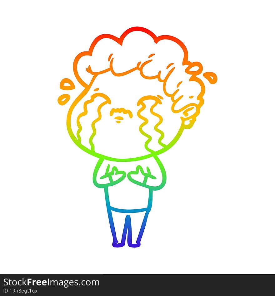 rainbow gradient line drawing of a cartoon man crying