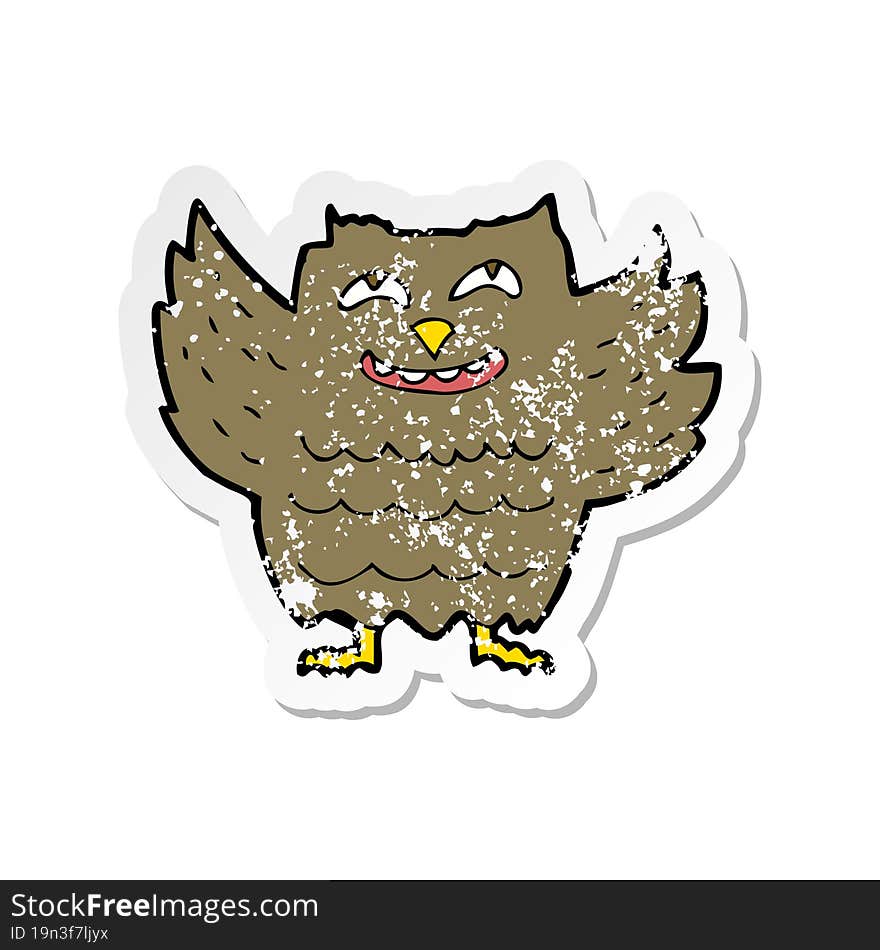 retro distressed sticker of a cartoon happy owl