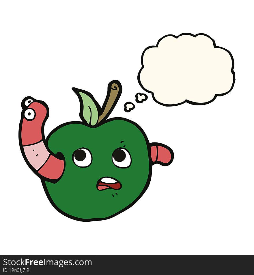 cartoon worm in apple with thought bubble