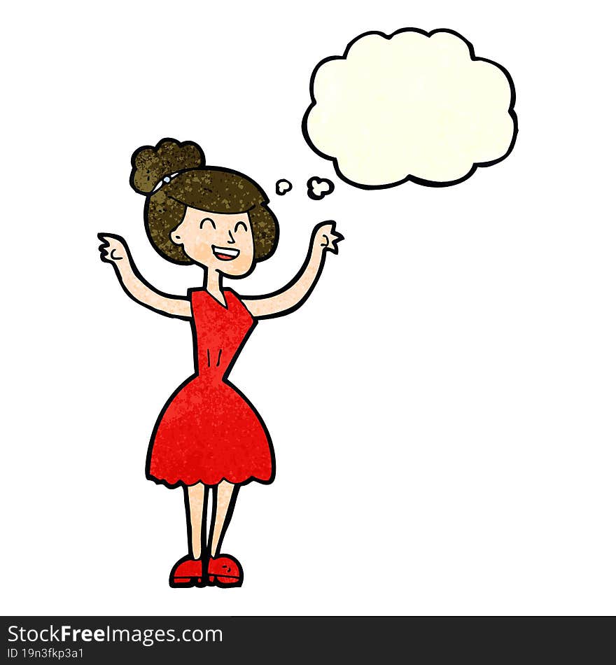 cartoon woman with raised arms with thought bubble