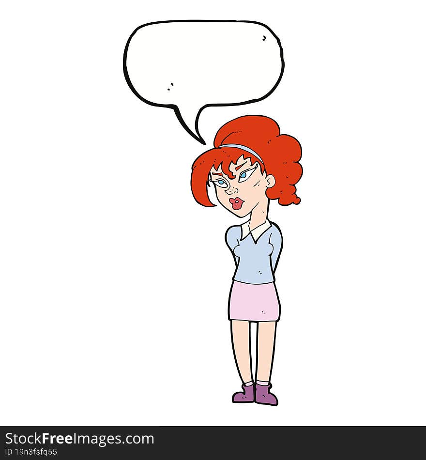 cartoon pretty girl tilting head with speech bubble