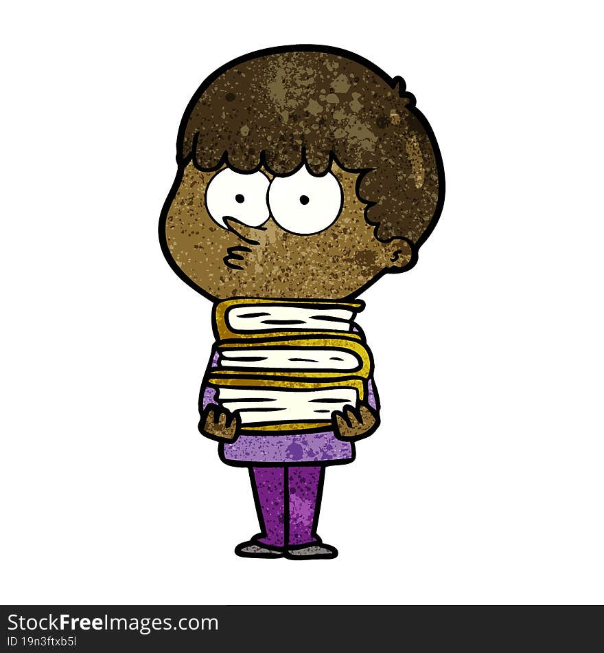 cartoon curious boy with lots of books. cartoon curious boy with lots of books