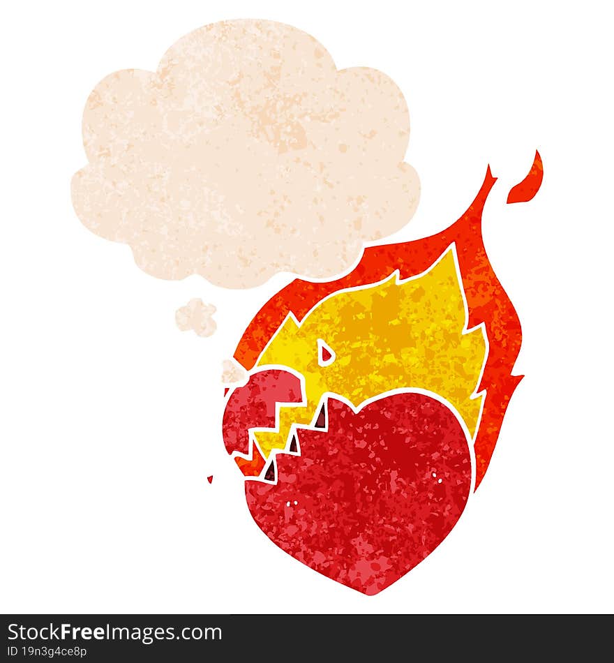 Cartoon Flaming Heart And Thought Bubble In Retro Textured Style