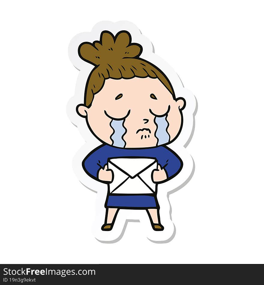 sticker of a cartoon crying woman with letter