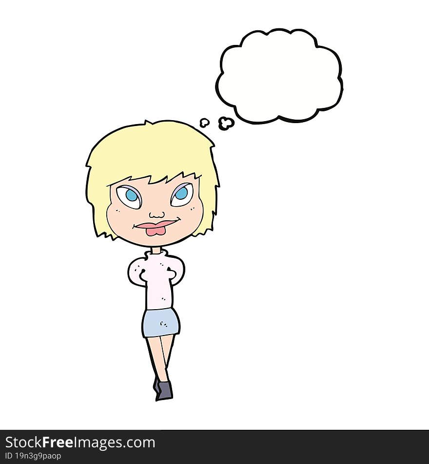 cartoon happy woman with thought bubble