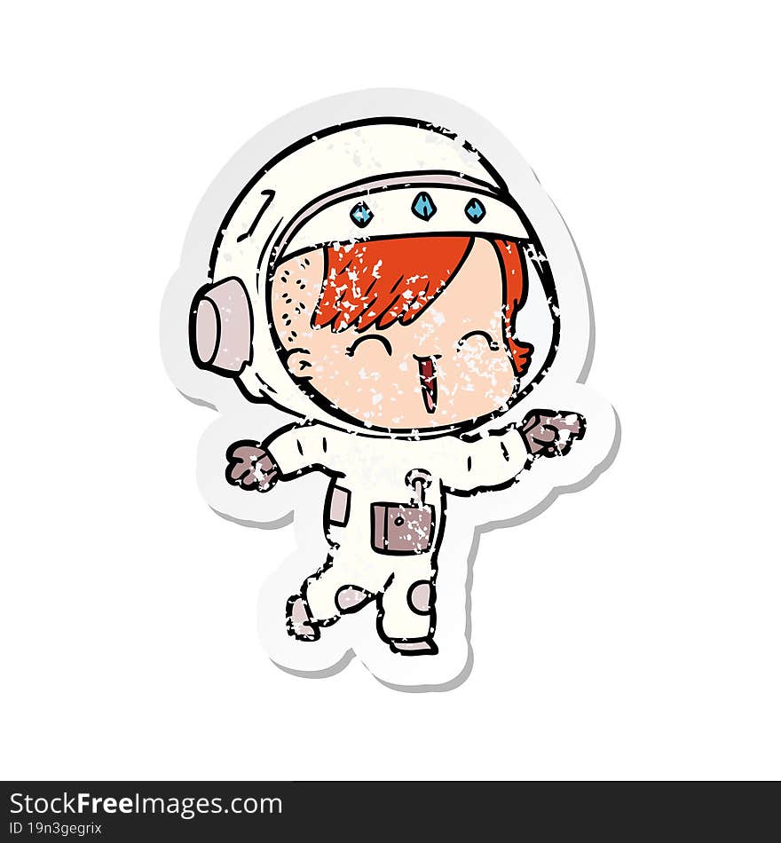 distressed sticker of a happy cartoon space girl