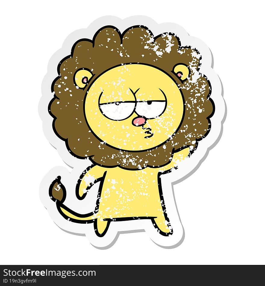 distressed sticker of a cartoon bored lion waving