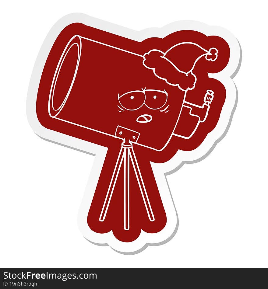 cartoon icon of a bored telescope with face wearing santa hat