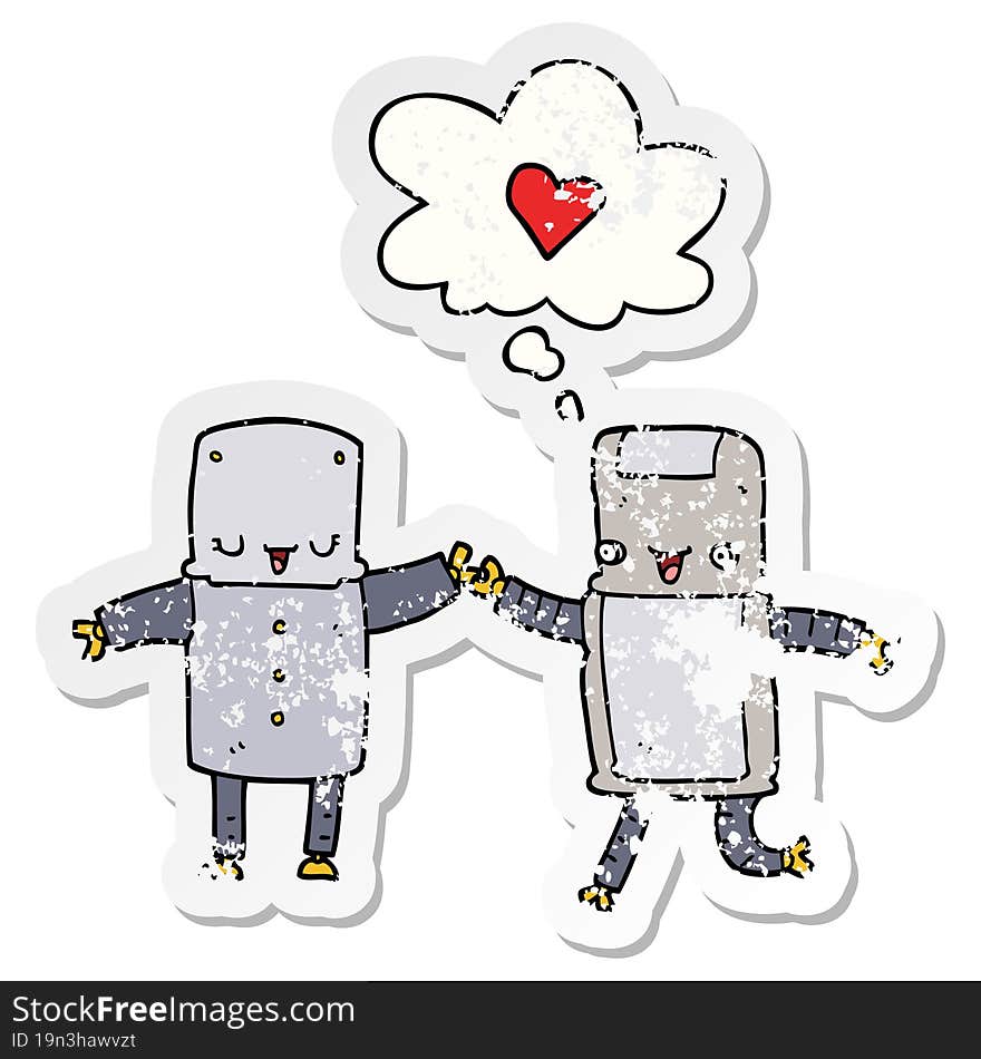 cartoon robots in love with thought bubble as a distressed worn sticker