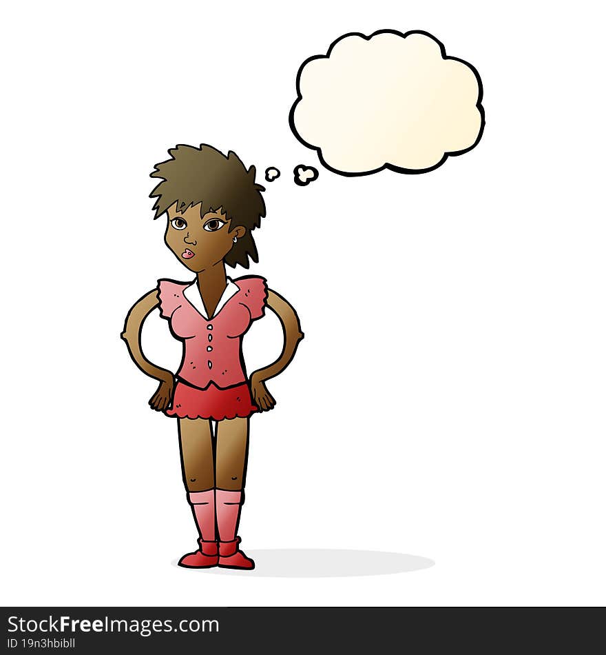 cartoon woman with hands on hips with thought bubble