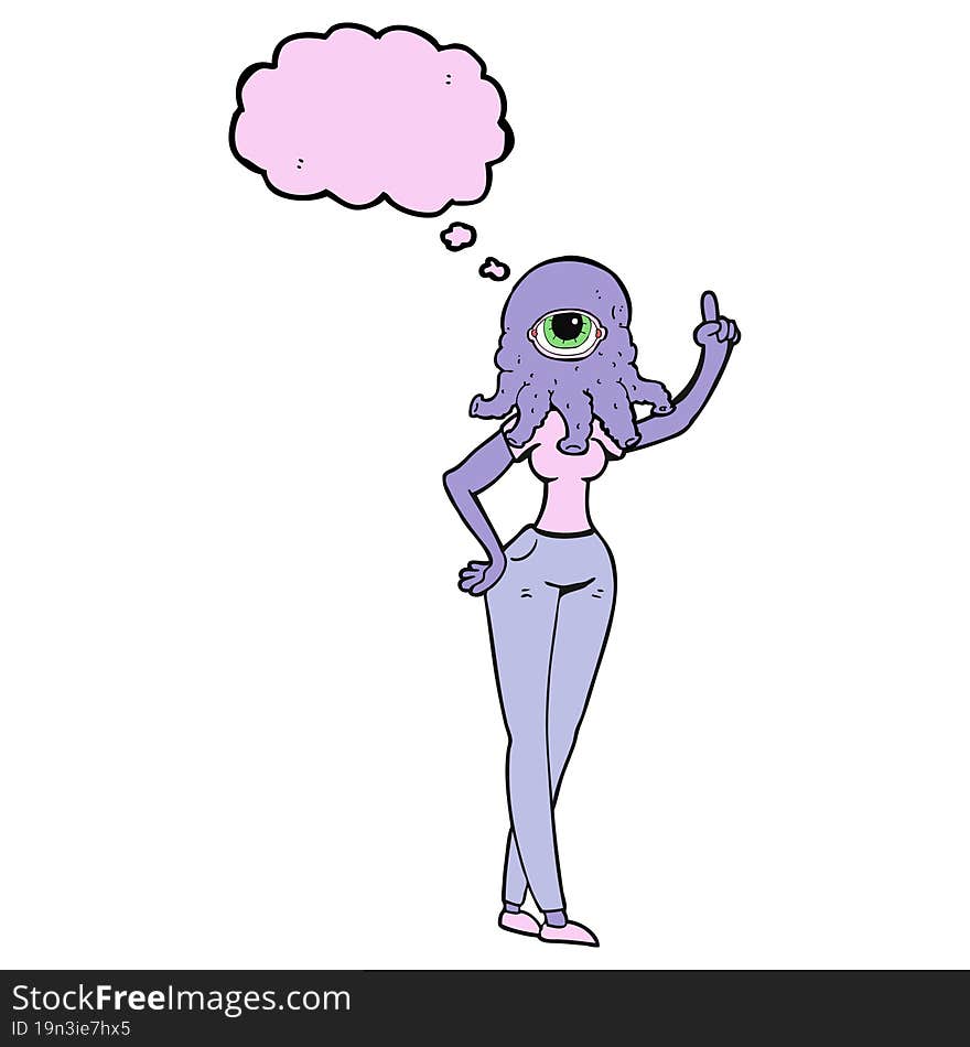 freehand drawn thought bubble cartoon female alien with raised hand