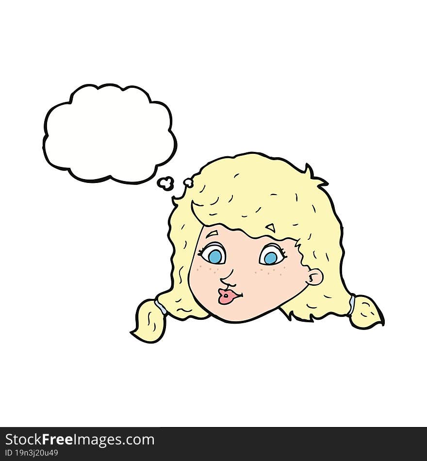 cartoon pretty female face with thought bubble