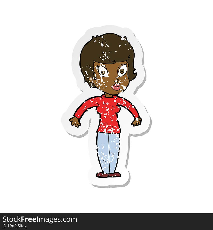 retro distressed sticker of a cartoon woman shrugging shoulders