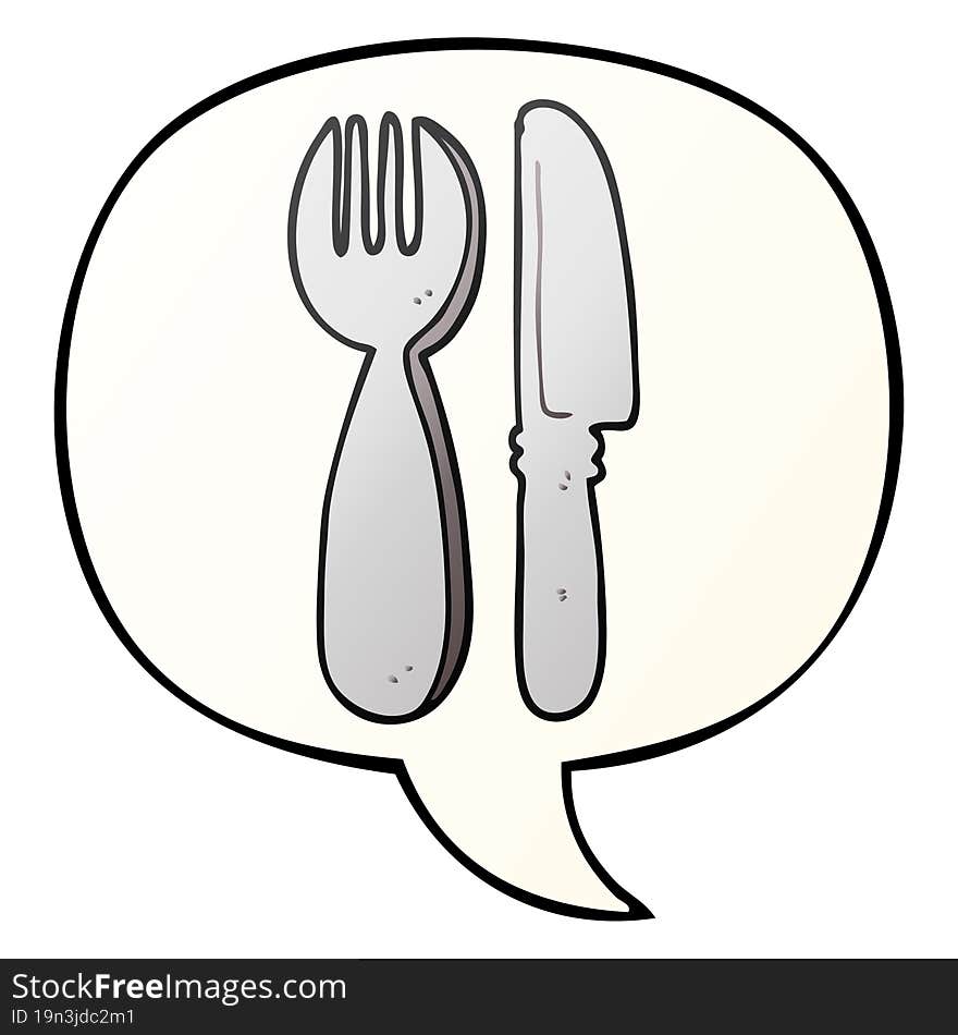 cartoon knife and fork and speech bubble in smooth gradient style