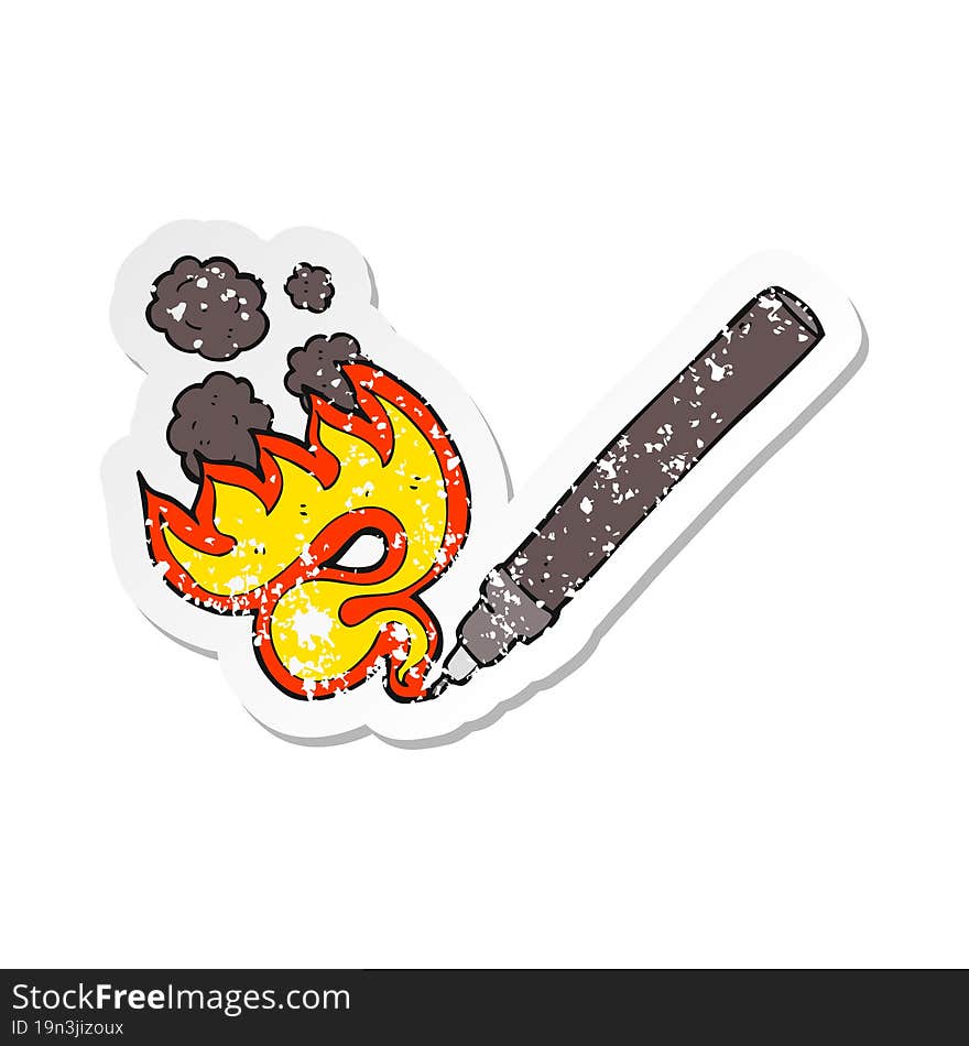 retro distressed sticker of a cartoon flaming pen