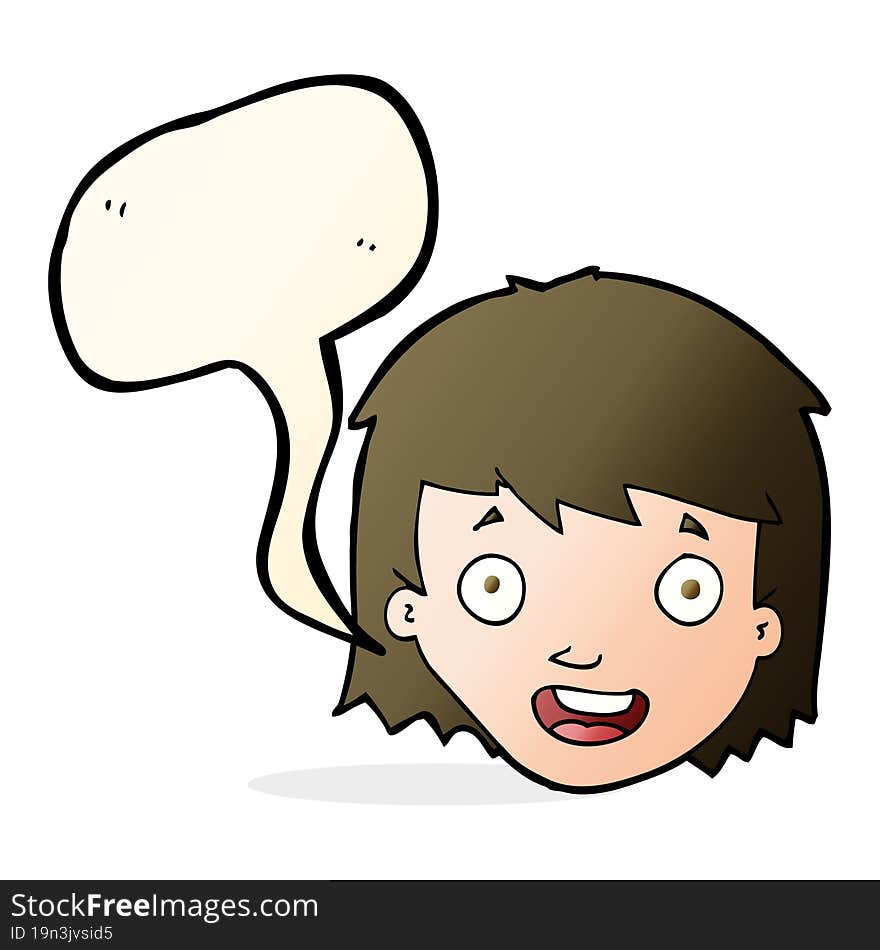 cartoon happy female face with speech bubble