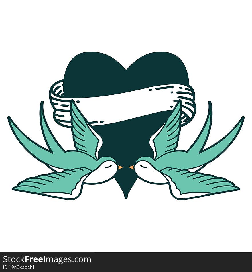 tattoo style icon of a swallows and a heart with banner