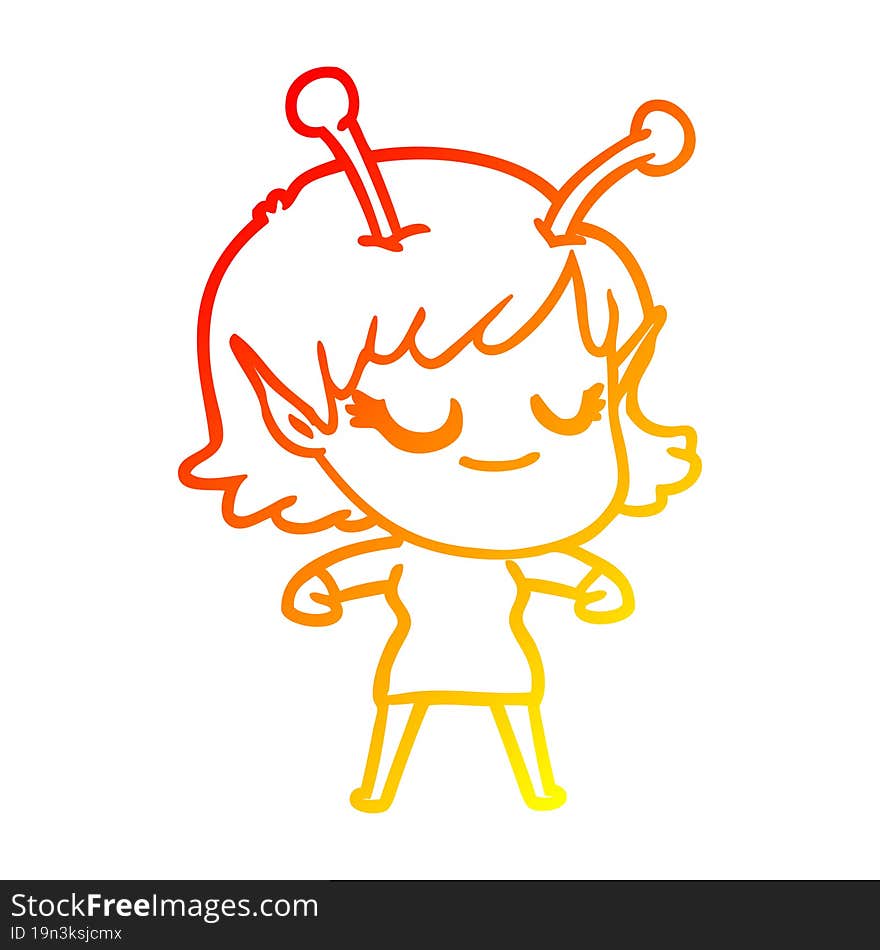 Warm Gradient Line Drawing Smiling Alien Girl Cartoon