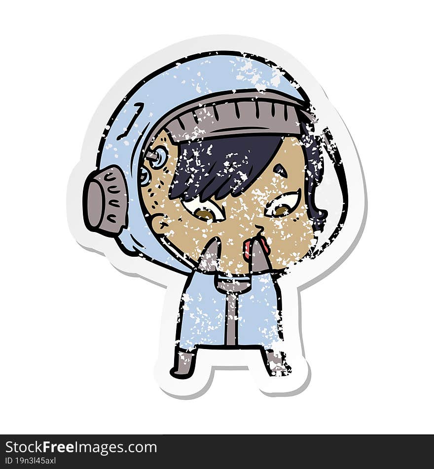 distressed sticker of a cartoon astronaut woman