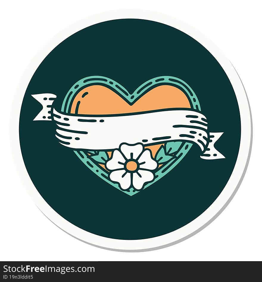 sticker of tattoo in traditional style of a heart and banner with flowers. sticker of tattoo in traditional style of a heart and banner with flowers