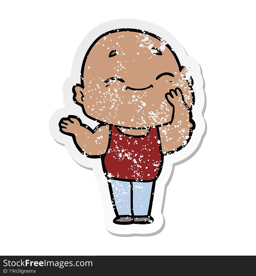 Distressed Sticker Of A Cartoon Happy Bald Man