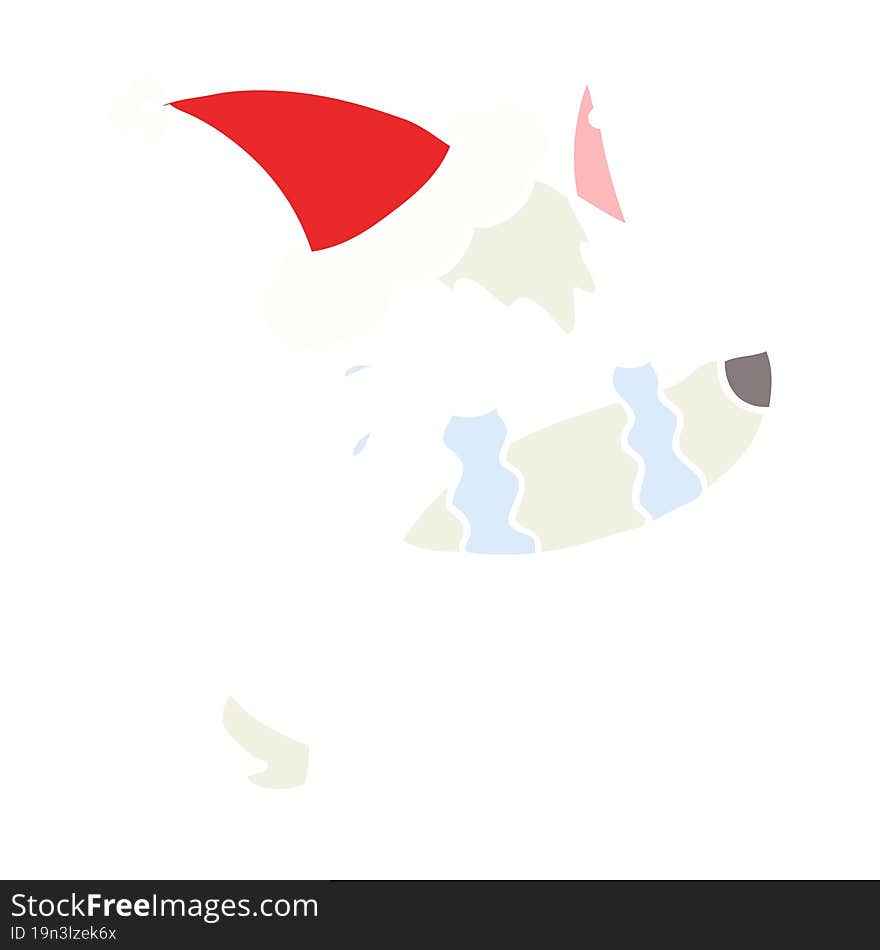 flat color illustration of a crying wolf wearing santa hat